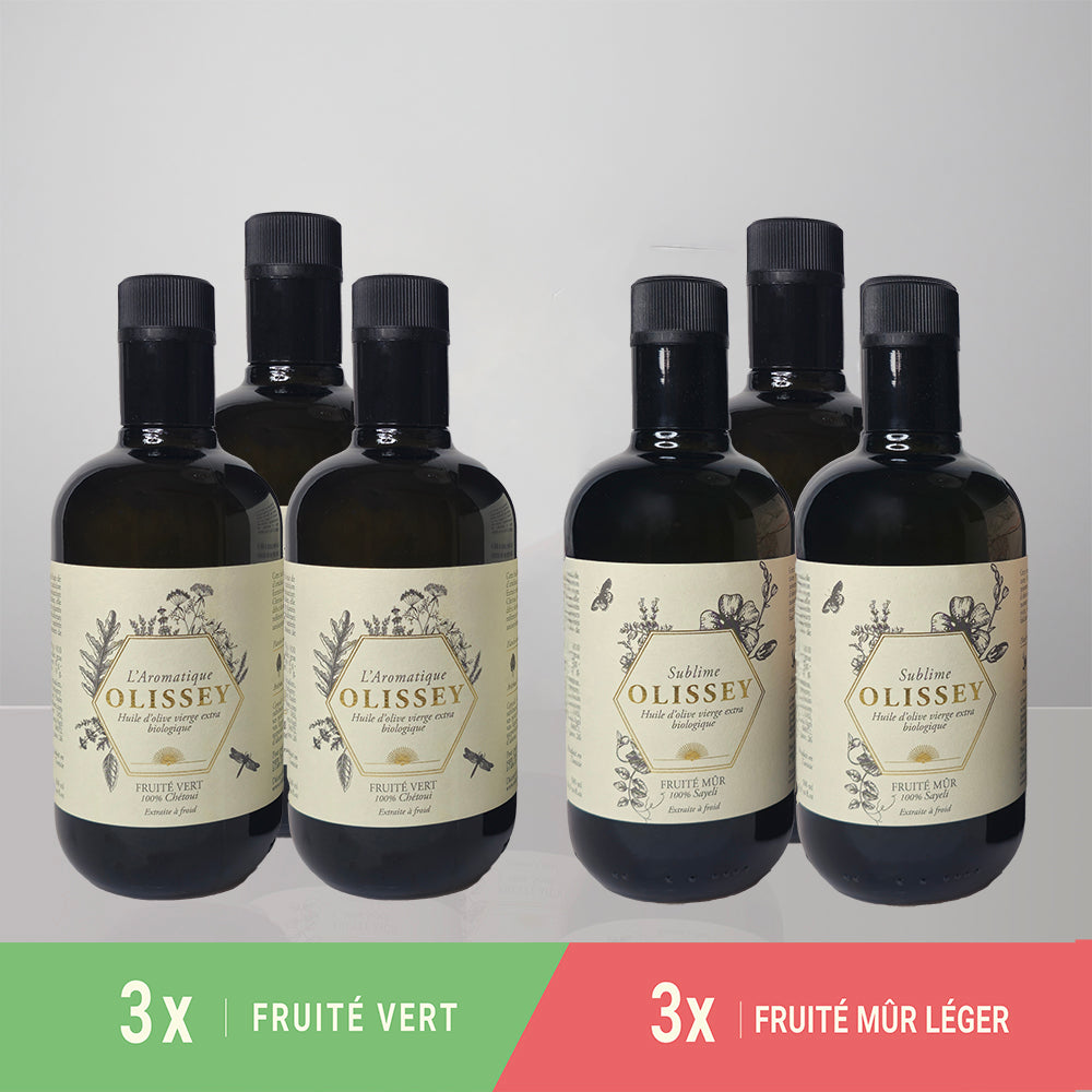 Mixed Box 6 x 50 cl (including 1 FREE BOTTLE) - Organic Extra Virgin Olive Oil - SUBLIME & L'AROMATIQUE - Light Ripe Fruity & Green Fruity